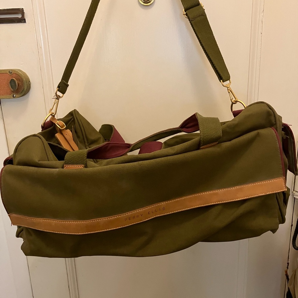 Perry Ellis Khaki and Tan Duffel Bag